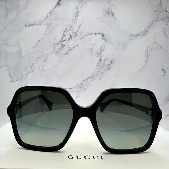 New GUCCI Sunglasses Black Oversized Square Gold Metal GG - Picture 2 of 16